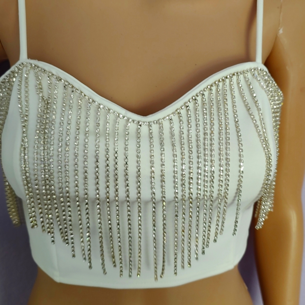 Better Be White Rhinestone Fringe Crop Top